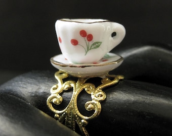 Cherry Teacup Ring. Porcelain Tea Cup Ring with Cherries. Gold Filigree Adjustable Ring. Handmade Jewelry.