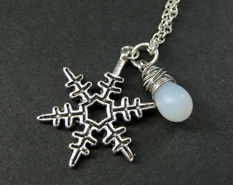 Snowflake Necklace. Reversible Snow Flake Charm Necklace with White Teardrop Charm. Handmade Jewelry.