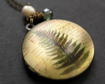 Fern Necklace. Forest Leaf Locket Necklace with Olive Green Teardrop and Fresh Water Pearl. Handmade Jewellery.