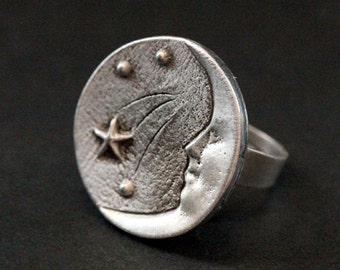 Crescent Moon Ring. Moon and Stars Button Ring. Night Sky Ring in Silver. Adjustable Ring. Handmade Jewelry.