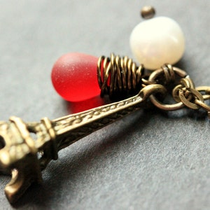 Bronze Eiffel Tower Necklace Pale Lavender Teardrop and Fresh Water Pearl Charm. Handmade Jewelry.