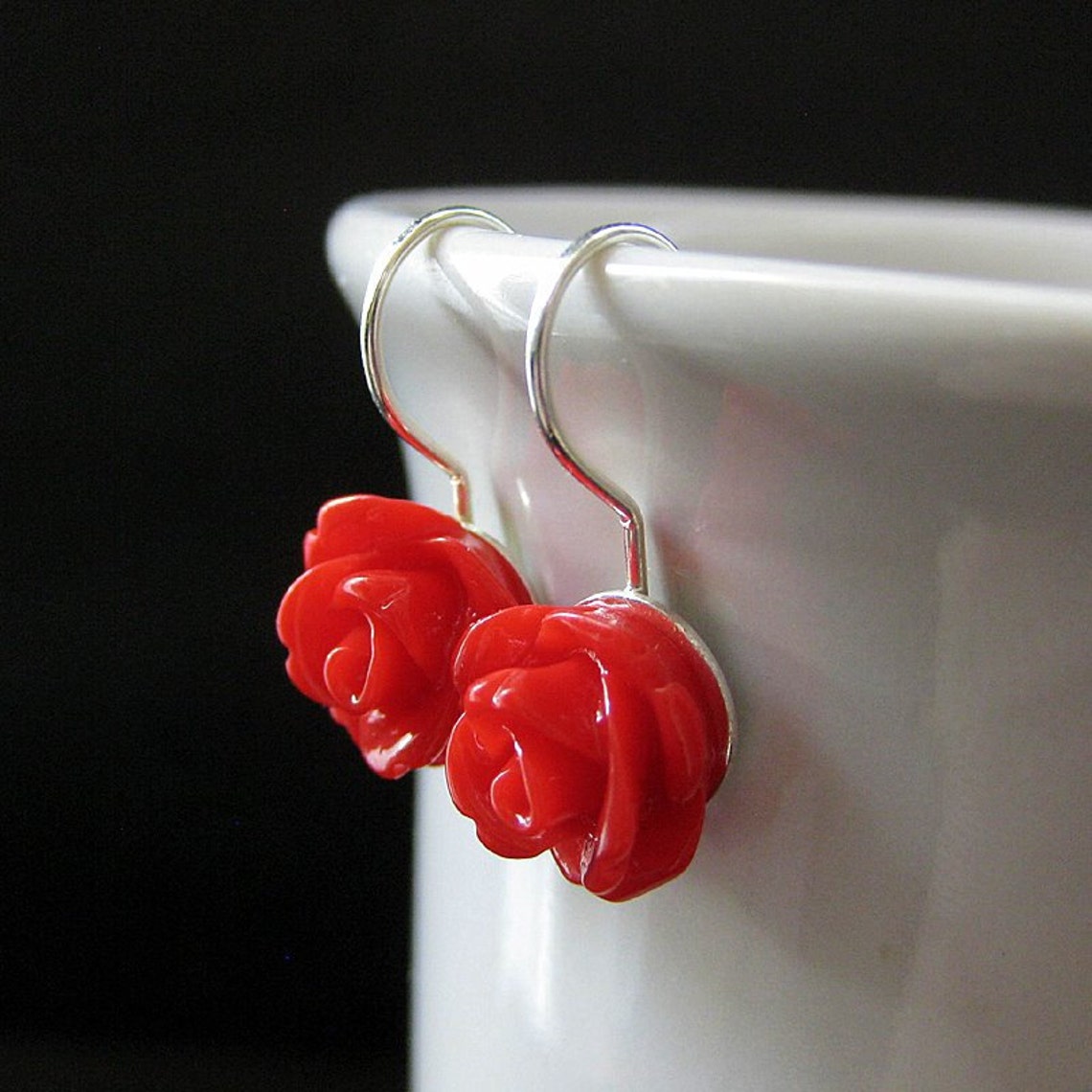 Red Rose Dangle Earrings. Red Flower Earrings. Rose Earrings. Etsy