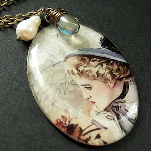 Woman Necklace. Grey Lady Charm Necklace with Gray Teardrop and Fresh Water Pearl. Handmade Jewelry.