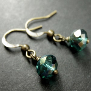 Teal Dangle Earrings. Crystal Earrings in Teal Green Glass and Bronze. Handmade Jewelry. image 3