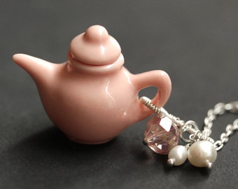 Pink Teapot Necklace. Porcelain Tea Pot Necklace with Pink Crystal and Fresh Water Pearl Charms. Pink Necklace. Handmade Jewelry.