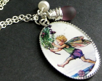 Flower Fairy Necklace. Green and Purple Fairy Pendant with Purple Teardrop and Fresh Water Pearl. Fae Jewelry. Handmade Jewellery.