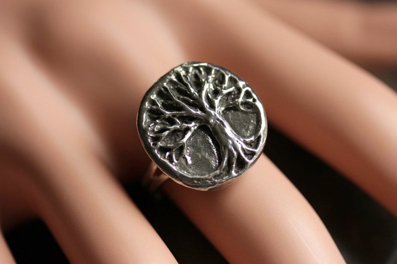 Tree of Life Ring. Tree Ring. Pewter Ring. Adjustable Ring. Silver RIng. Handmade Ring. Pewter Button Ring. Handmade Jewelry. image 2