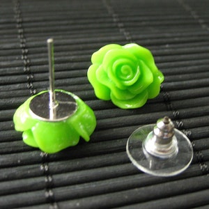 Flower Earrings: Lime Green Post Earrings with Resin Roses. Flower Jewelry. Handmade Jewelry. image 3