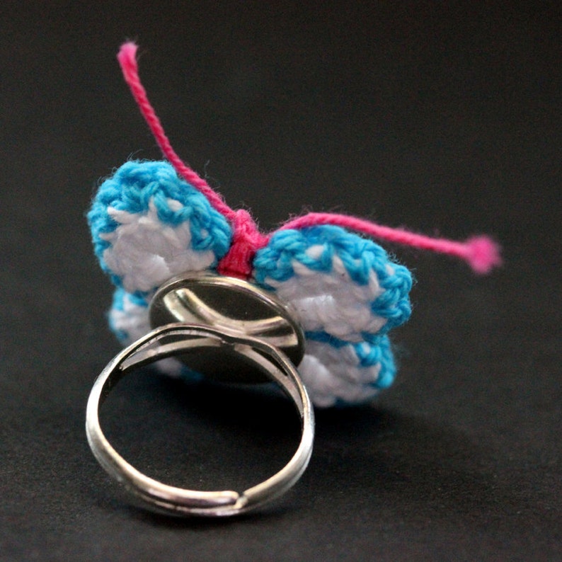 Crochet Butterfly Ring in Blue, White and Fuchsia . Silver Adjustable Ring. Handmade Jewelry. image 4