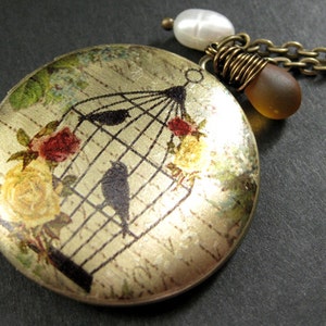 Birdcage Locket Necklace. Birdcage Necklace with Honey Teardrop and Fresh Water Pearl. Handmade Jewelry.