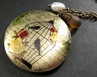Birdcage Locket Necklace. Birdcage Necklace with Honey Teardrop and Fresh Water Pearl. Handmade Jewelry.