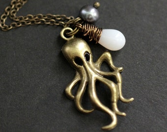 Octopus Charm Necklace. Bronze Octopus Necklace with White Teardrop and Grey Pearl. Handmade Jewelry.