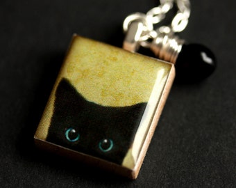 Black Cat Necklace. Cute Kitten Necklace. Scrabble Tile Necklace with Black Teardrop. Scrabble Pendant. Handmade Necklace. Handmade Jewelry.