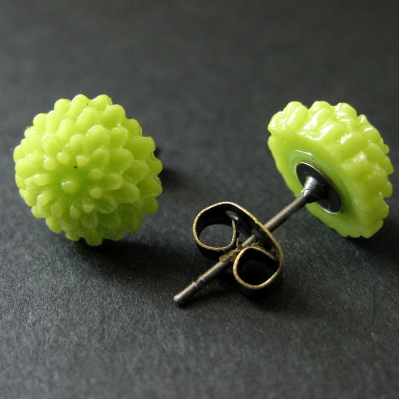 Lime Green Mini Mum Earrings. Lime Green Earrings. Bronze Stud Etsy