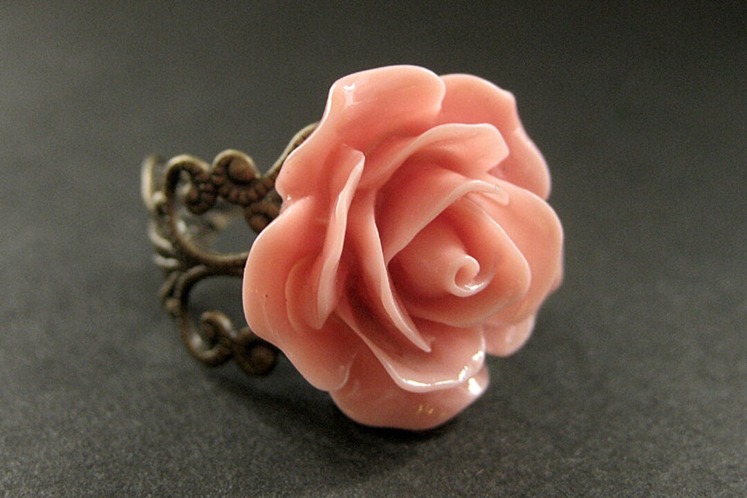 Antique Pink Rose Ring. Pink Flower Ring. Filigree Ring. Adjustable