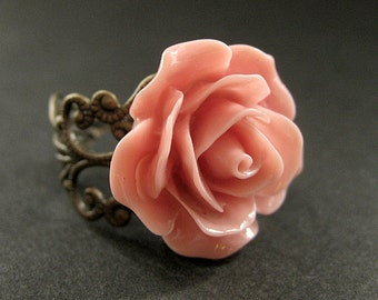 Anillo de rosa rosa antiguo. Anillo de flores rosas. Anillo de filigrana. Anillo ajustable. Joyería de flores. Joyería hecha a mano.