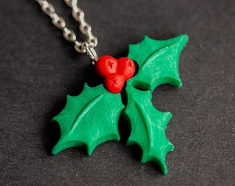 Christmas Holly Necklace. Green and Red Holiday Necklace
