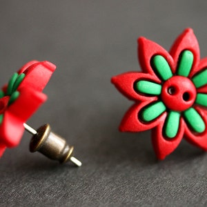 Red and Green Earrings. Christmas Earrings. Holiday Flower Earrings. Christmas Jewelry. Bronze Post Earrings. Handmade Xmas Earrings. image 2