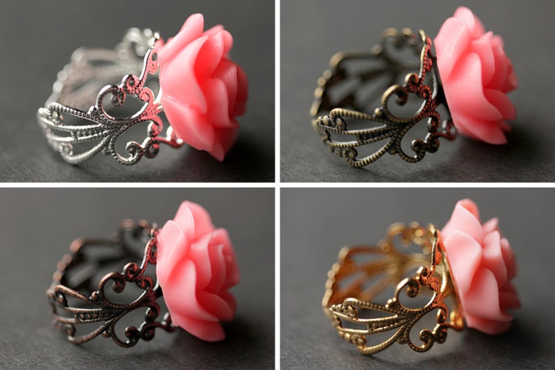 Coral Pink Rose Ring. Coral Pink Flower Ring. Gold Ring. Silver Ring. Bronze Ring. Copper Ring. Adjustable Ring. Handmade Jewelry. image 2