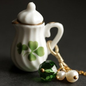 Green Clover Teapot Necklace. Porcelain Tea Pot Necklace with Green Crystal and Pearl Charms. Green Necklace Gold Necklace Handmade Jewelry.