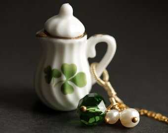 Green Clover Teapot Necklace. Porcelain Tea Pot Necklace with Green Crystal and Pearl Charms. Green Necklace Gold Necklace Handmade Jewelry.