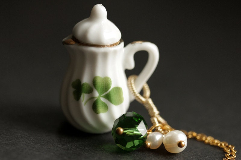Green Clover Teapot Necklace. Porcelain Tea Pot Necklace with Green Crystal and Pearl Charms. Green Necklace Gold Necklace Handmade Jewelry.