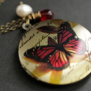 Fire Butterfly Necklace. Butterfly Locket Necklace with Red Teardrop and Fresh Water Pearl. Handmade Jewellery.