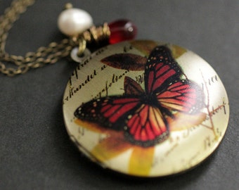 Fire Butterfly Necklace. Butterfly Locket Necklace with Red Teardrop and Fresh Water Pearl. Handmade Jewellery.