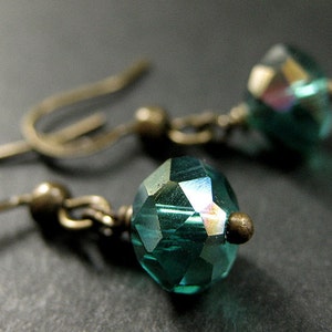 Teal Dangle Earrings. Crystal Earrings in Teal Green Glass and Bronze. Handmade Jewelry. image 1