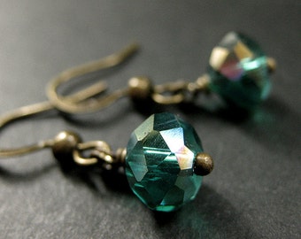 Teal Dangle Earrings. Crystal Earrings in Teal Green Glass and Bronze. Handmade Jewelry.