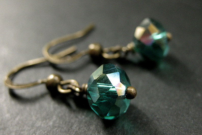 Teal Dangle Earrings. Crystal Earrings in Teal Green Glass and Bronze. Handmade Jewelry. image 1