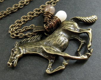 Running Horse Necklace with Brown Teardrop and White Coral. Charm Necklace. Handmade Jewelry.