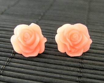Coral Peach Rose Earrings in Bronze Post Earrings. Handmade Jewelry by StumblingOnSainthood. Handmade Jewelry.