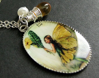 Yellow Flower Fairy Necklace. Fairy Pendant with Dark Yellow Teardrop and Fresh Water Pearl. Faery Jewelry. Handmade Jewellery.