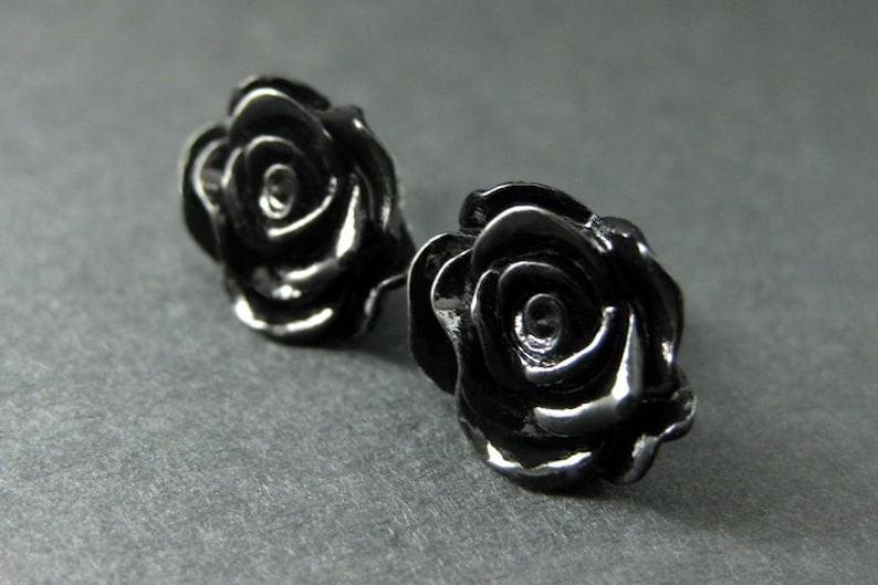 Black Rose Earrings With Bronze Earring Studs. Flower Jewelry. Etsy