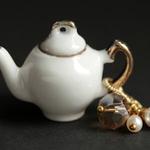 Porcelain Teapot Necklace. White Tea Pot Necklace with Crystal and Pearl Charms. Miniature Teapot Necklace. Gold Necklace. Handmade Jewelry.