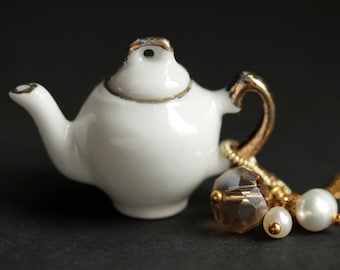 Porcelain Teapot Necklace. White Tea Pot Necklace with Crystal and Pearl Charms. Miniature Teapot Necklace. Gold Necklace. Handmade Jewelry.