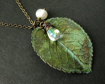 Green Leaf Necklace. Charm Necklace with Fresh Water Pearl and Clear Teardrop. Handmade Jewelry.