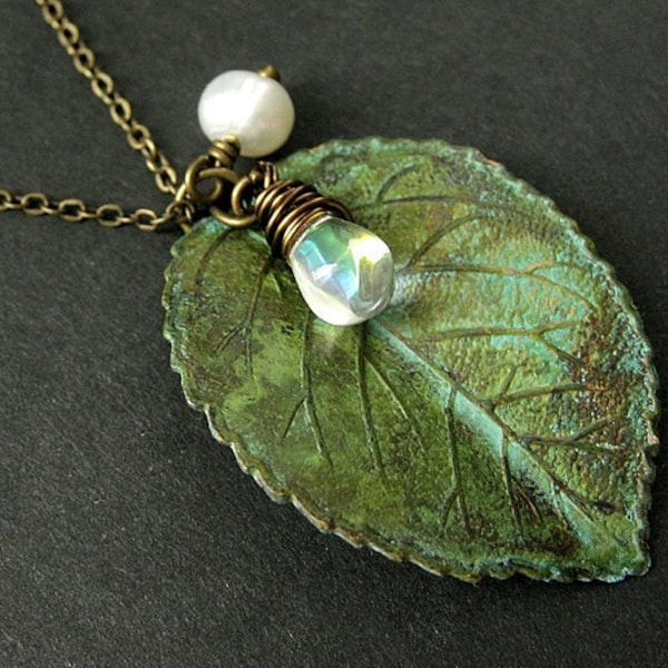 Green Leaf Necklace. Charm Necklace with Fresh Water Pearl and Clear Teardrop. Handmade Jewelry.