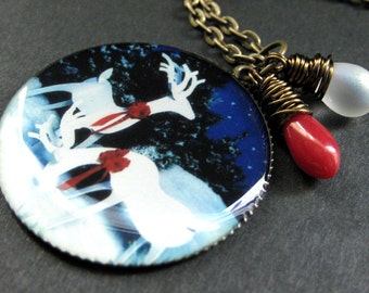 Christmas Necklace. Holiday Reindeer Pendant with Red Coral and Frosted White Teardrops. Handmade Jewelry.