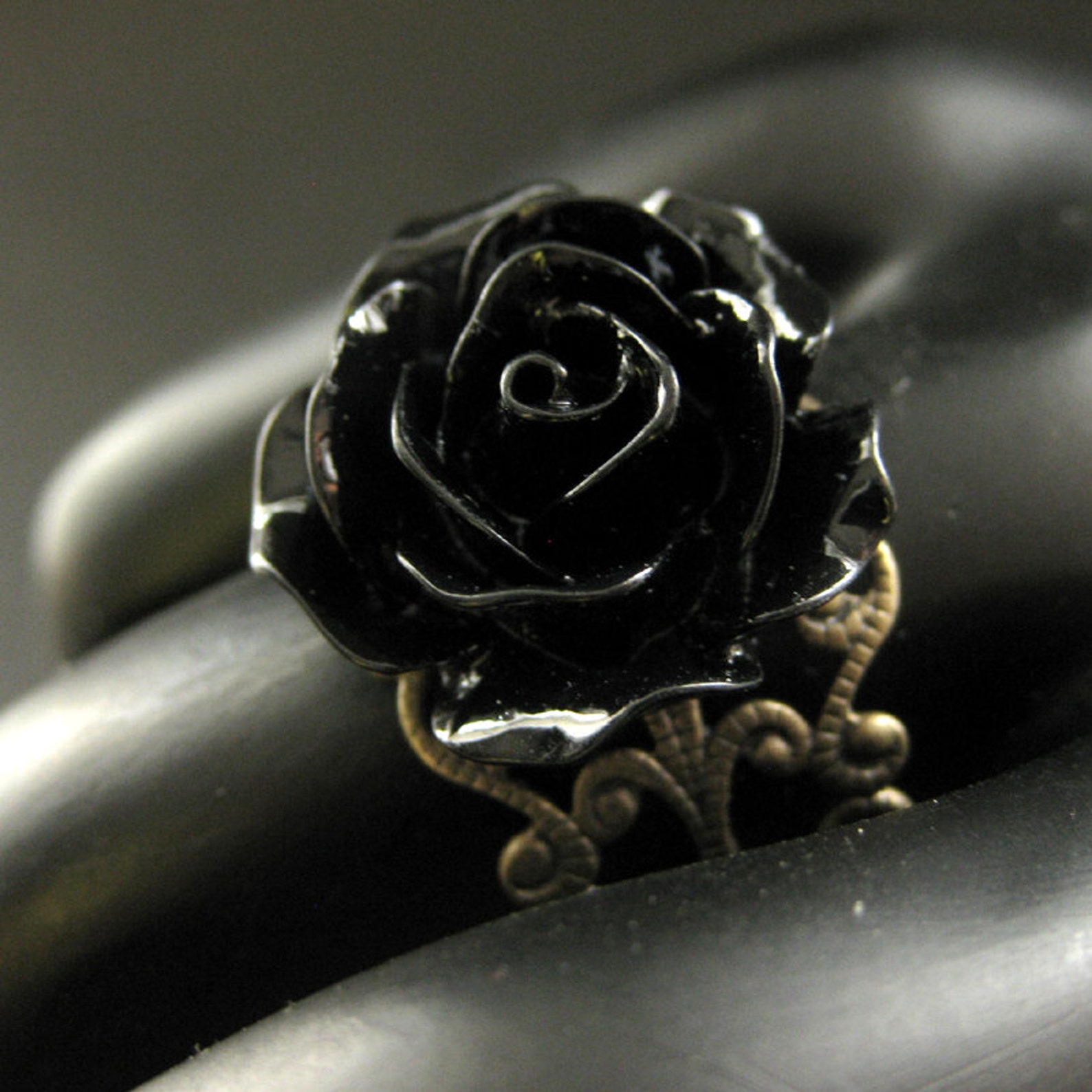 Black Rose Ring. Black Flower Ring. Filigree Ring. Adjustable Etsy