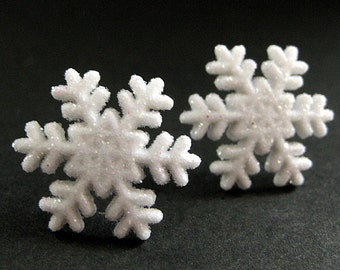 Snowflake Earrings No.7 - White Snow Earrings with Silver Stud Earring Backs. Winter Earrings. Handmade Jewelry.