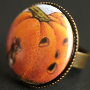 Mouse Ring. Halloween Ring. Pumpkin Ring. Vintage Graphic Button Ring. Jack o'Lantern Ring. Adjustable Ring. Bronze Ring. Halloween Jewelry. image 3