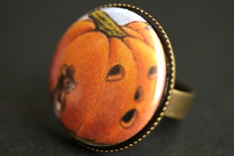 Mouse Ring. Halloween Ring. Pumpkin Ring. Vintage Graphic Button Ring. Jack o'Lantern Ring. Adjustable Ring. Bronze Ring. Halloween Jewelry. image 3