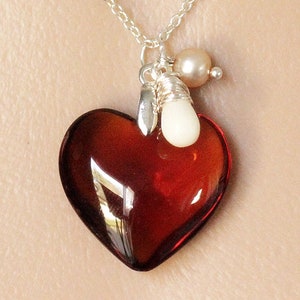 Dark Umber Heart Necklace. Glass Heart Necklace with White Coral Teardrop and Fresh Water Pearl. Crystal Heart Necklace. Handmad