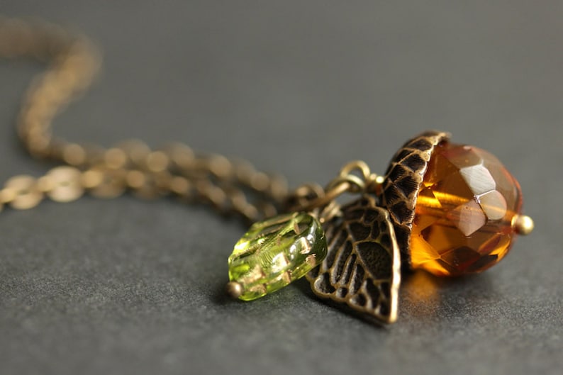 Autumn Orange Acorn Necklace. Acorn Pendant in Bronze. Crystal Acorn Necklace. Glass Acorn Charm Necklace. image 3