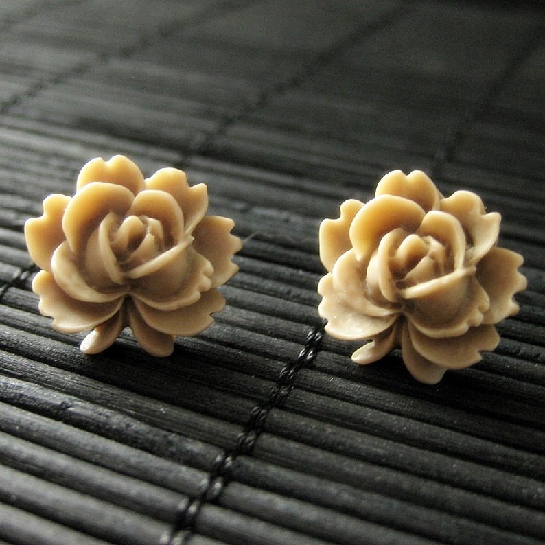 Taupe Lotus Rose Earrings with Silver Stud Earrings. Flower Jewelry by StumblingOnSainthood. Handmade Jewelry. image 3