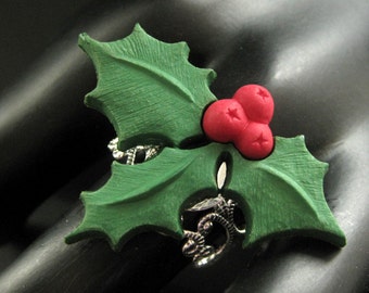 Christmas Holly Ring. Holiday Ring. Christmas Ring. Silver Filigree Adjustable Ring. Handmade Jewelry.