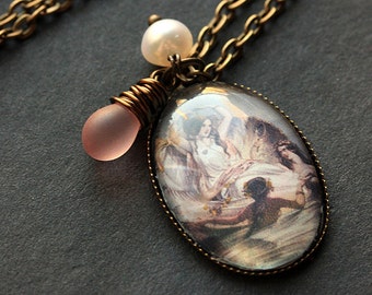 Mermaid Necklace. Mermaid Pendant with Pink Teardrop and Fresh Water Pearl. Oval Charm Necklace. Mermaid Jewelry. Handmade Jewellery.