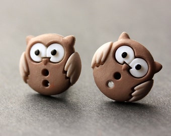 Owl Earrings. Brown and Taupe Owl Button Earrings. Owl Jewelry. Owl Stud Earrings. Bird Earrings. Owl Post Earrings. Handmade Jewelry.